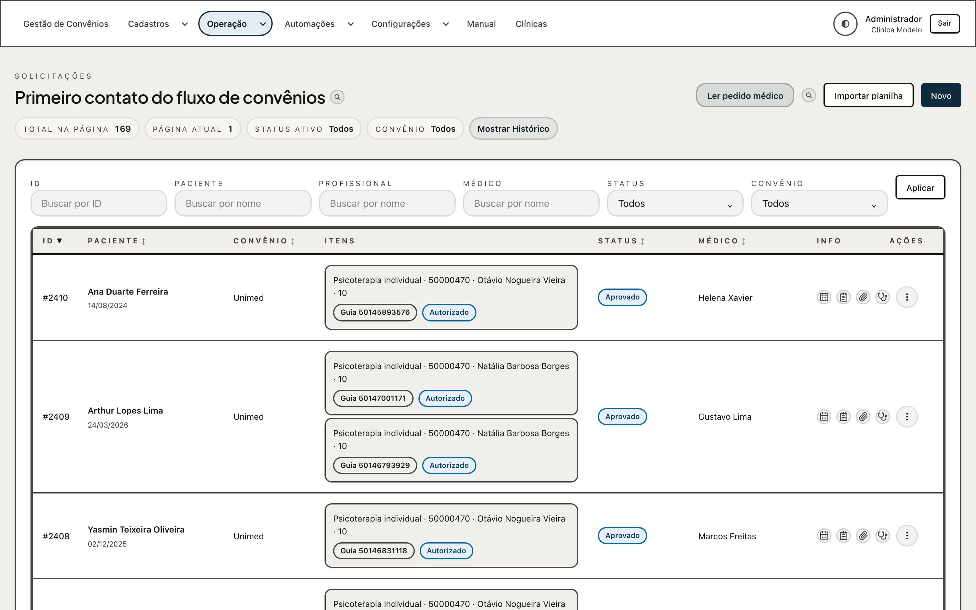 Solicitações: a lista de pedidos médicos com paciente, convênio, itens com a guia e o status, o médico e o botão Ler pedido médico.